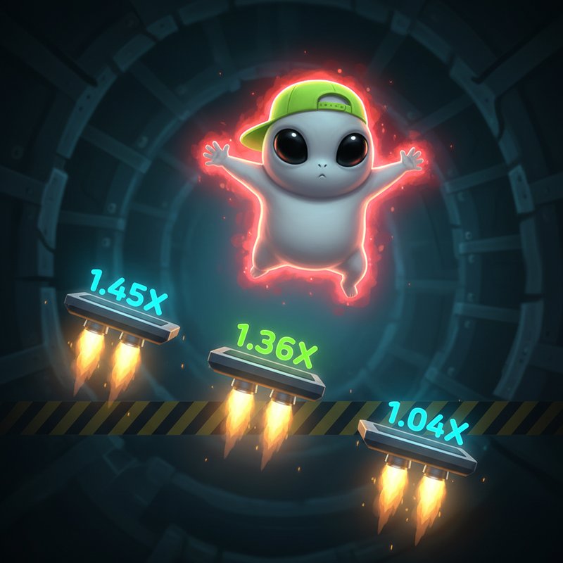 Jumper slot game: διαστημικός εξωγήινος με πράσινο καπέλο πηδάει σε μεταλλικές πλατφόρμες με ακροφύσια πυραύλων, εμφανίζοντας πολλαπλασιαστές 1.04x, 1.36x, 1.45x σε φωτεινό κυανό χρώμα, με σκοτεινό διαστημικό φόντο και κίτρινα-πορτοκαλί φλόγες